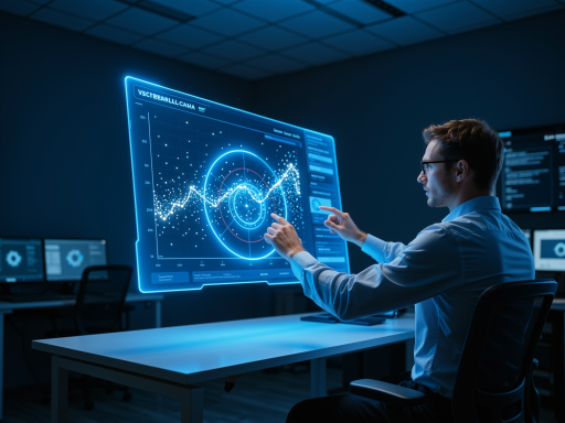 高科技实验室环境，AI工程师正在操作电脑屏幕显示复杂算法界面，蓝色背景，科技感十足
